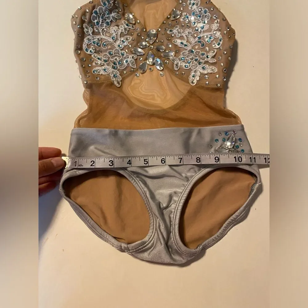 Patrick J designs dance costume silver gray nude illusion rhinestoned leotard CM